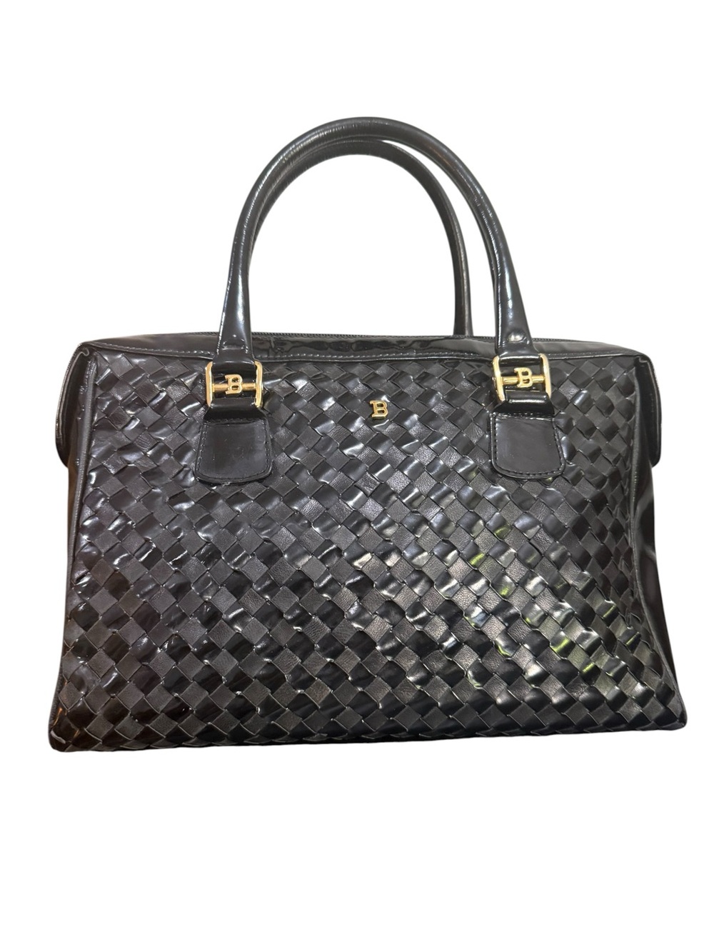 Vintage Bally Black Woven Leather Satchel Bag Gold Hardware Quiet Luxury Italy - Picture 4 of 14